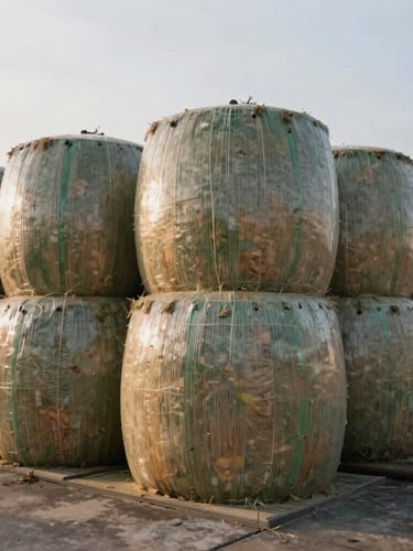 Industrial dairy setup with high-density silage bales wrapped in cool-toned protective film, stacked neatly under bright overcast morning light.
