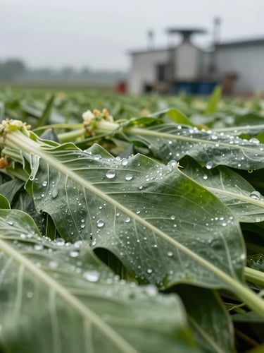 Macro shot of rich fermented green corn silage showing detailed leaf textures and moisture beads, cool overcast morning light, high contrast, industrial dairy feed context.