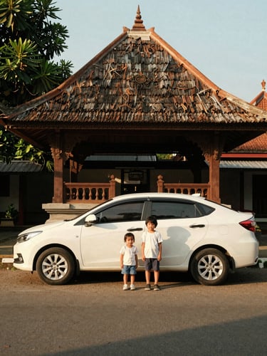 A clean family car parked near a traditional Javanese pavilion in Yogyakarta, warm golden-hour natural daylight, editorial photography
