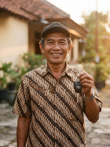 Warm portrait of a friendly Javanese local owner in Yogyakarta, smiling warmly, holding car keys in hand, soft golden hour sunlight, minimalist background, 35mm film aesthetic