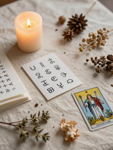 Overhead close-up of ritual objects arranged on a cream linen cloth — a lit candle, folded paper with handwritten symbols, dried botanicals, a single tarot card face-down — warm candlelight, intentional negative space