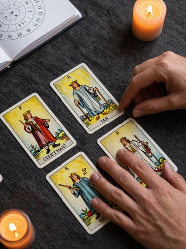 Overhead close-up of hands laying tarot cards on a dark linen surface, candlelight casting warm amber pools across the cards, a numerology chart visible in a notebook at the edge of frame