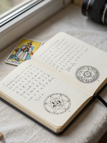 Close overhead framing of an open notebook with handwritten numerology calculations and sacred geometry diagrams, a worn tarot card resting beside it on a cream linen surface, soft north-facing window light from upper left, no hands visible