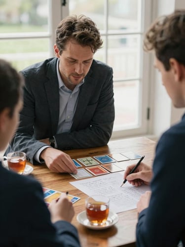 Close environmental portrait of a guide seated across from a client at a wooden table, both looking down at a spread of cards and a handwritten chart, soft north-facing daylight, two cups of tea at the edge of frame