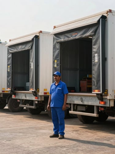 A professional Indian logistics proprietor in a blue uniform standing by a loading dock in Bengaluru, bright morning daylight, documentary logistics photography, 35mm