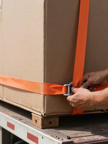 Close-up of industrial hands securing heavy commercial cargo box with safety orange ratchet straps on a transport truck bed, sharp focus, daylight.