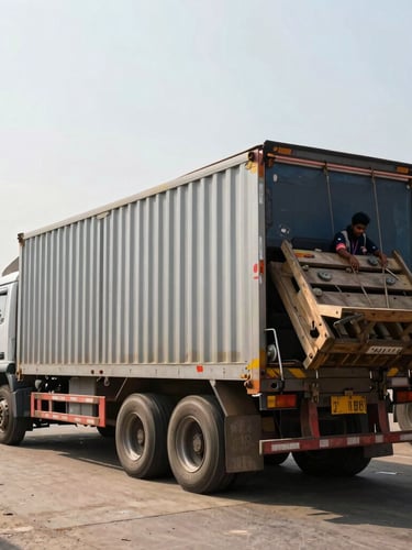 A wide-angle 35mm documentary photograph of a cargo truck being loaded at a busy Bengaluru logistics dock in bright morning daylight, industrial setting.