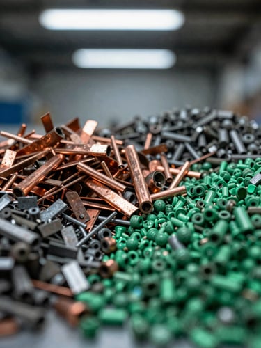 Macro portrait close-up of pure recovered copper scrap and sorted metal granules, sharp focus, cool industrial studio lighting, 35mm