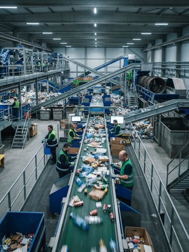 Wide-angle clean industrial recycling facility with automated sorting conveyors under cool overhead warehouse lighting, sharp focus, 35mm