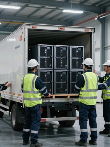 A professional logistics team in safety gear loading secure crates of decommissioned servers into a branded transport truck inside a clean warehouse bay, cool daylight