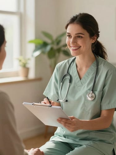 A smiling female doctor in soft sage green scrubs discussing a plan with a relaxed patient in a sunlit room, botanical accents in background, warm window light, 35mm