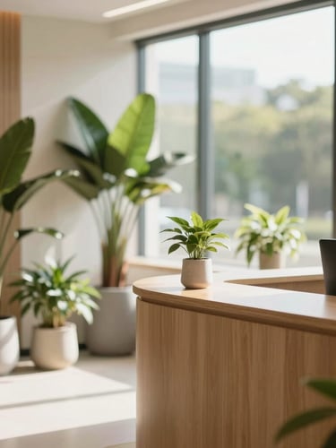 Sunlit modern clinic reception with lush potted plants, warm wooden accents, soft natural light streaming through a large window, shallow depth of field, 35mm photography