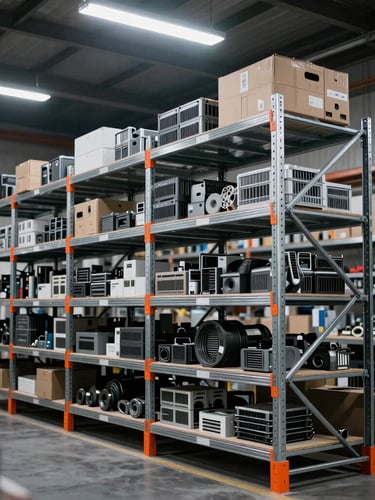 Industrial warehouse with heavy-duty steel shelves holding organized spare parts, high-contrast overhead lighting, cool metallic tones, sharp focus, 35mm