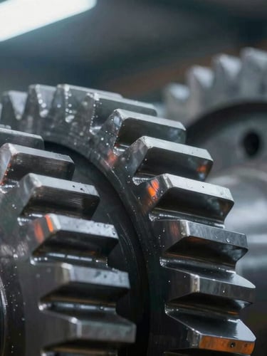 Macro close-up of heavy industrial steel gears, clean metallic textures, dramatic lighting with subtle safety orange reflections, 35mm focus