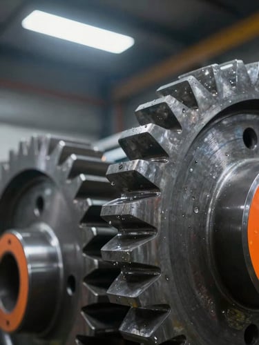 Macro close-up of heavy industrial steel gears, clean metallic textures, safety orange highlights, dramatic overhead warehouse lighting, sharp focus, 35mm