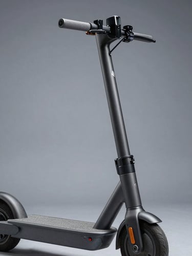 Crisp industrial photography of a sleek matte-charcoal electric scooter, cool high-contrast studio lighting, metallic silver highlights, 50mm lens