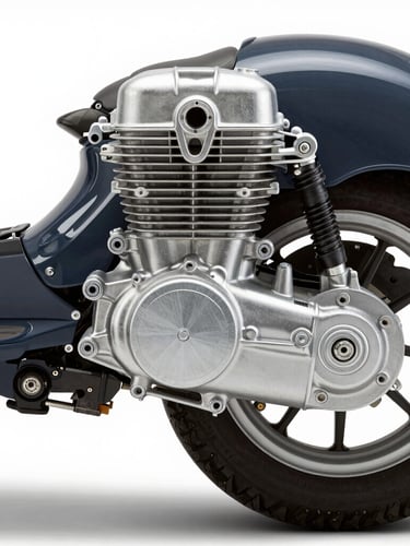 Crisp industrial photography of a moped engine block and rear wheel assembly, cool high-contrast studio lighting, metallic silver and deep charcoal tones, sharp focus