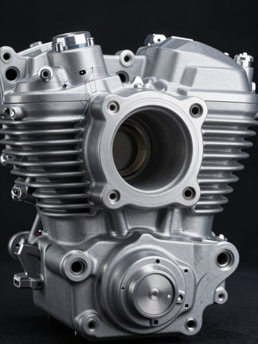 Extreme close-up of a machined motorcycle engine block, cool high-contrast studio lighting, metallic silver and deep charcoal tones, sharp focus, CAD schematic overlay lines