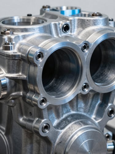 Extreme close-up of a machined motorcycle engine block, cool blue metallic highlights on brushed aluminum, sharp focus on mechanical bolts and tolerances.