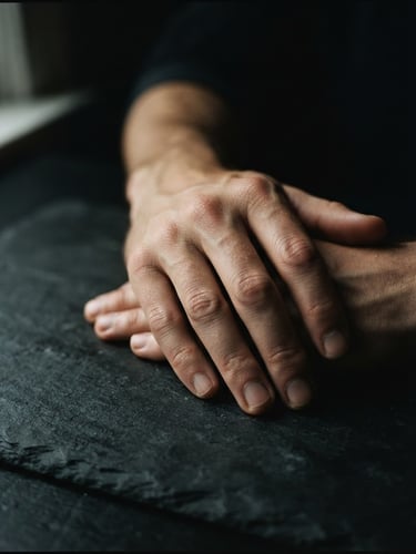 Extreme close-up of hands resting on a dark slate desk under dramatic, low-key single-source window light, deep shadows, moody cinematic tone