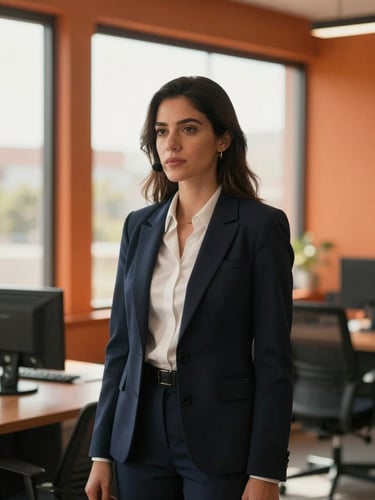 Cinematic portrait of a female communication director in a modern architectural office in Coahuila, warm natural window light, 35mm lens, shallow depth of field