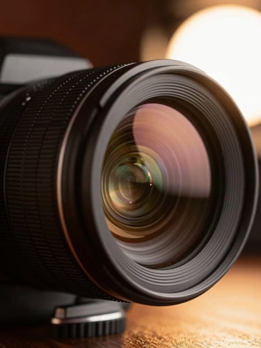 Close-up of a high-end camera lens reflecting studio lights, warm backlight, professional production environment, shallow depth of field, cinematic 35mm style