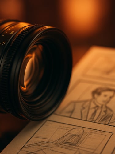 Close-up of a high-end cinema camera lens focusing on a storyboard blueprint, warm studio backlighting, rich orange accents, shallow depth of field