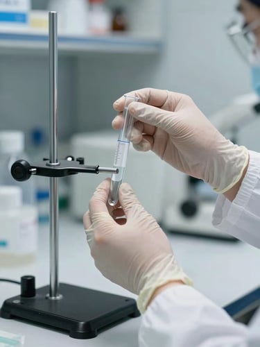 Primer plano de manos con guantes clínicos ajustando un tubo de ensayo en un soporte metálico, iluminación blanca y limpia de laboratorio.