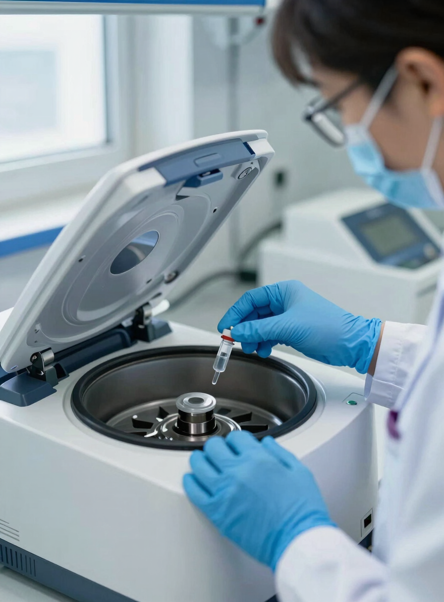 Close-up of a clinical laboratory technician in protective blue gloves carefully placing a sample vial into a modern centrifuge, clean white and blue clinical lighting, bright daylight coming from a side window, professional atmosphere.
