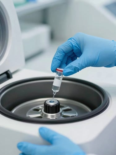 Close-up of a laboratory technician's hands in blue nitrile gloves carefully placing a sample vial into a modern centrifuge, clean clinical background, soft white lighting.