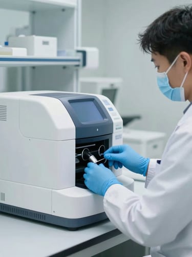 A clean clinical laboratory room in bright daylight, a professional technician in protective blue gloves carefully calibrating a modern diagnostic analyzer, sterile environment, soft white light.