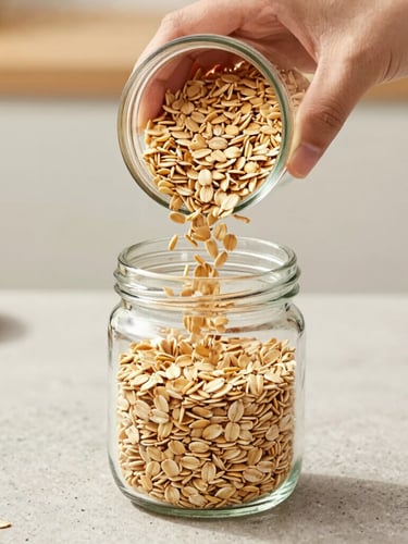 A close-up of hands pouring raw steel-cut oats into a glass jar on a clean stone counter, warm morning light