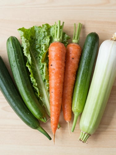 Overhead flat-lay of fresh, vibrant raw vegetables on a light wooden board, bright natural diffused daylight, soft shadows