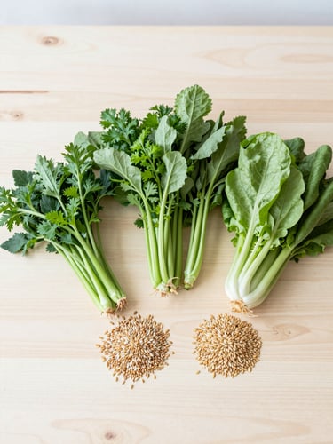Bright editorial photography, overhead flat-lay of fresh raw vegetables, crisp botanical green herbs, and whole grains on a light wooden table, natural diffused daylight