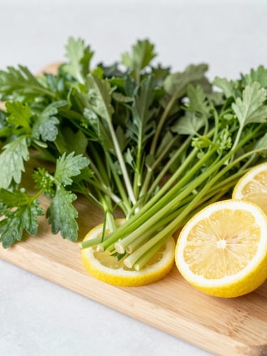Overhead flat-lay of vibrant fresh herbs and sliced lemons on a light wooden cutting board, soft natural daylight, shallow depth of field