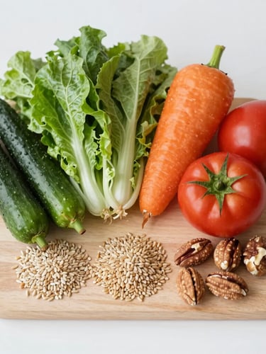 Overhead flat-lay of vibrant fresh vegetables, whole grains, and raw nuts on a light wooden board, soft natural daylight, minimalist composition