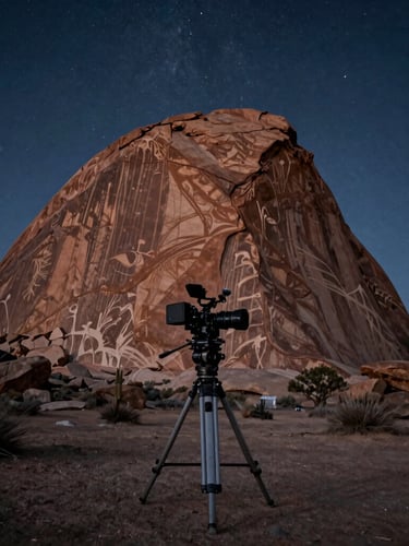 Low-angle anamorphic shot of a heavy camera rig on a tripod in the rugged Arizona desert at astronomical twilight, massive 200-foot painted rock looming in the background, sharp starlight