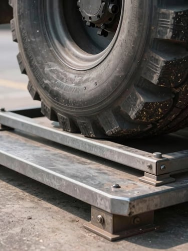 Close-up macro shot of a heavy steel weighbridge scale platform with a massive truck tire resting on it, high-contrast daylight, industrial texture.