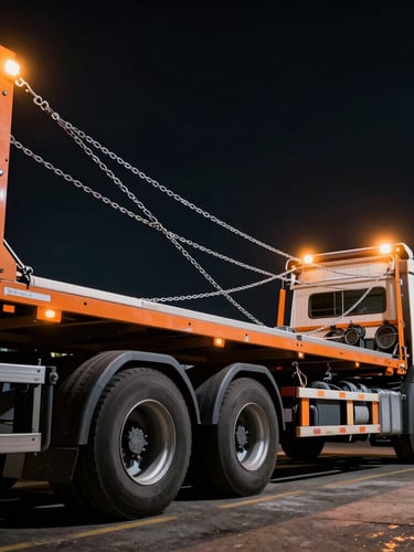 Low-angle wide shot of active cargo securing on a multi-axle flatbed truck in a dark transit yard under high-contrast orange floodlights, steel chains being tensioned.