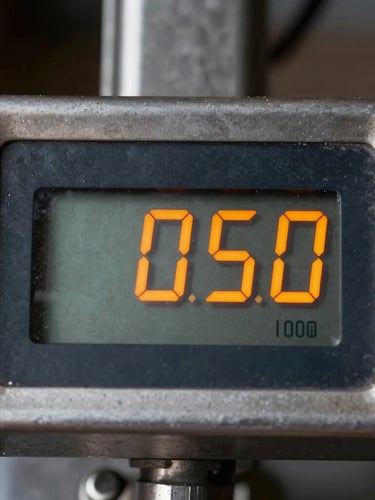 Tight macro shot of a digital weight indicator displaying bright orange numbers, industrial steel scale framing, high contrast daylight.