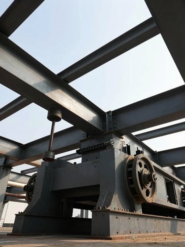 Low-angle wide shot of structural steel scale mechanisms of an industrial weighbridge, heavy steel beams, high-contrast natural daylight, rugged texture.