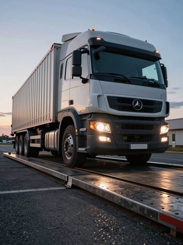Low-angle wide shot of a heavy multi-axle commercial truck positioned on a steel weighbridge scale at dusk, glowing headlights, dark asphalt background.