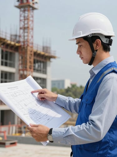 A professional Indonesian engineer in a white safety helmet and blue vest pointing at a technical blueprint on an active construction site, bright natural daylight.