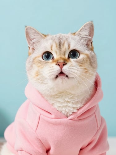 Bright close-up studio photography of a fluffy cat wearing a soft pink hoodie, looking comfortable and playful, natural lighting