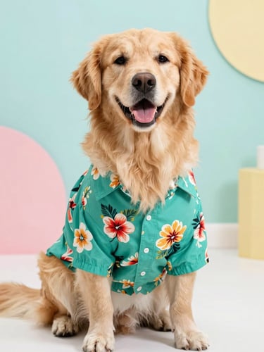A happy golden retriever wearing a vibrant teal Hawaiian shirt, sitting proudly in a bright studio, soft natural light, colorful background, 50mm