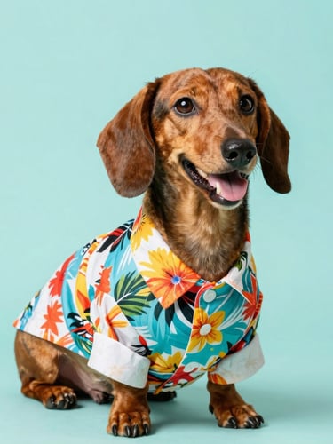 Bright studio photography of a happy dachshund wearing a perfectly tailored colorful Hawaiian shirt, vibrant teal background, eye-level medium shot, 50mm
