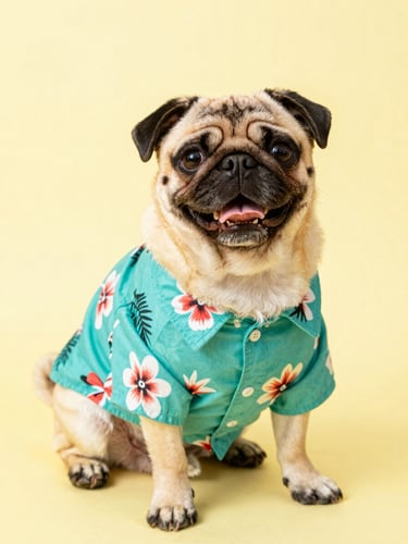 Bright studio photography, joyful pug wearing a vibrant teal hawaiian shirt looking at the camera, soft yellow background, shallow depth of field, 50mm