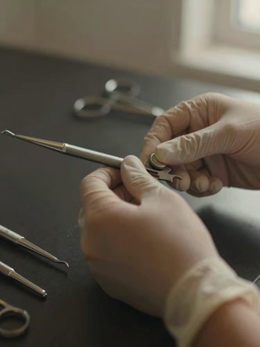 Close-up of hands in non-clinical attire gently adjusting premium dental instruments on a dark, polished surface, softly lit, shallow depth of field, warm editorial photography, no clinical gloves.