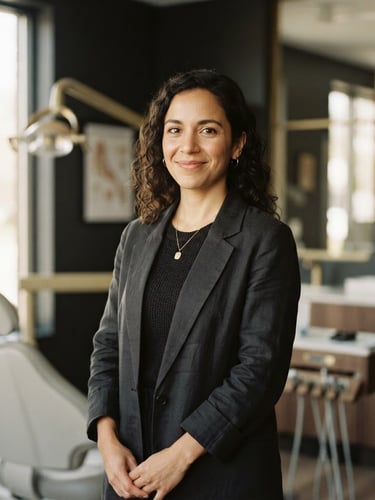 Warm, editorial portrait of a female dentist in a minimalist, softly lit clinic, smiling gently, wearing non-clinical attire, shallow depth of field, 35mm, deep charcoal and muted gold tones.
