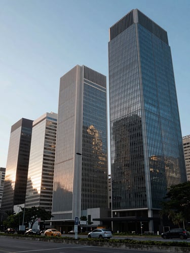 Wide environmental shot of Avenida Faria Lima corporate buildings in São Paulo, cool crisp morning light, architectural lines reflecting the sky